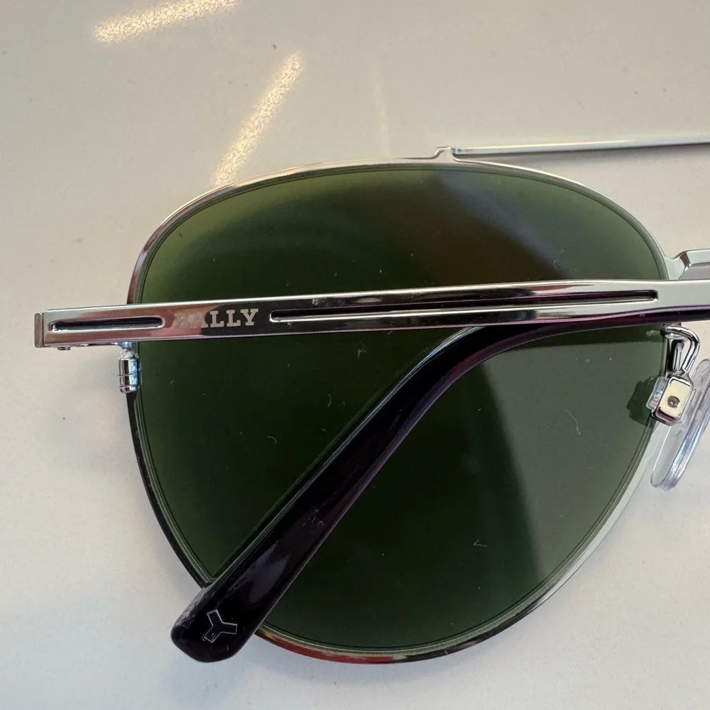 BALLY Italy Silver Aviator Sunglasses - Dark Green Lens
